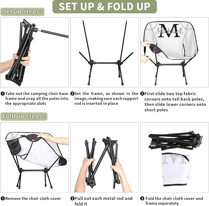 Custom White Portable Camping Chair Personalized Backpacking Chair with Name Lightweight Foldable Chairs for Hiking Beach