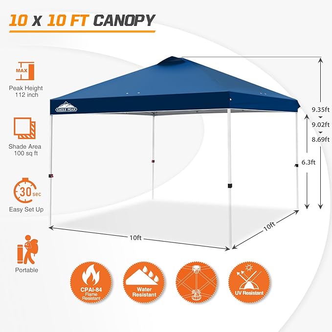 EAGLE PEAK Pop Up Canopy Tent with Wheeled Carry Bag 8 Stakes 4 Ropes 4 Weight Bags Easy Set Up Tent Canopy 10x10 ft 100sqft of Shade Dark Blue