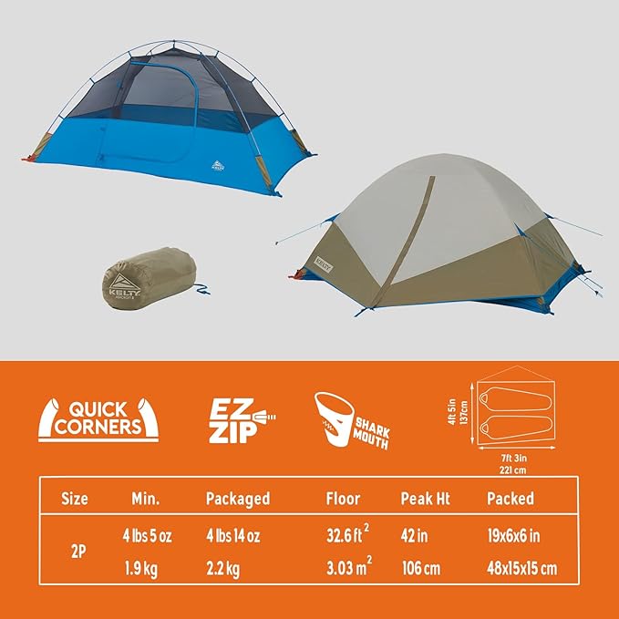 Kelty Ashcroft Camp Tent - 1 2 or 3 Person Camping Shelter with Full Coverage Rainfly Lightweight Aluminum Poles Camping Backpacking Festival Shelter
