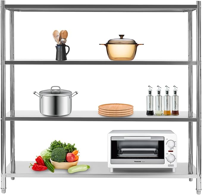 Stainless Steel Shelves59.1x17.7x61 Inch 4 Tier Shelving UnitAdjustable Height Stainless Steel Storage Shelf for Shopping MallsSupermarketsConvenience Stores (529lbs)
