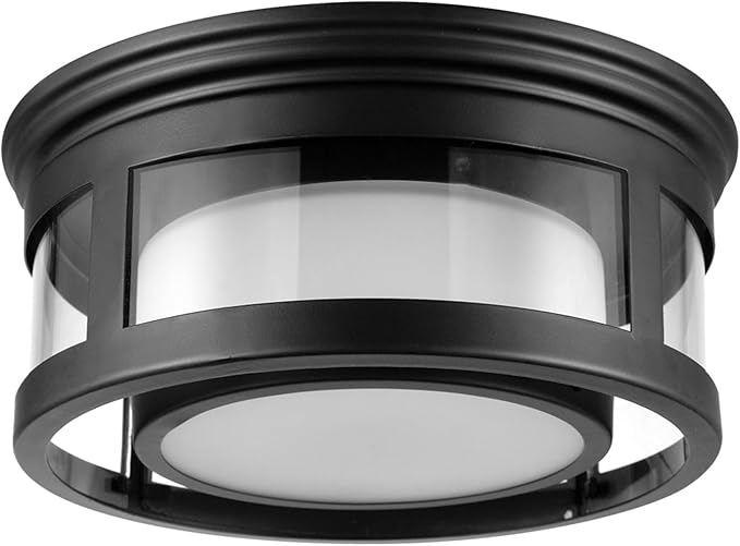 GLOBE Electric 44480 Brisbane 1-Light Outdoor Indoor Flush Mount Ceiling Light Matte Black Frosted Glass Shade Bulb Not Included