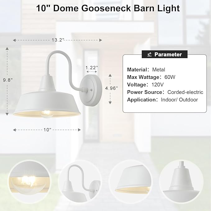 10 Inch Gooseneck Outdoor Wall Light Fixtures for Barn White Exterior Farmhouse Lighting with Wall Mount Barn Style Wall Sconce Lights for Porch Garage House