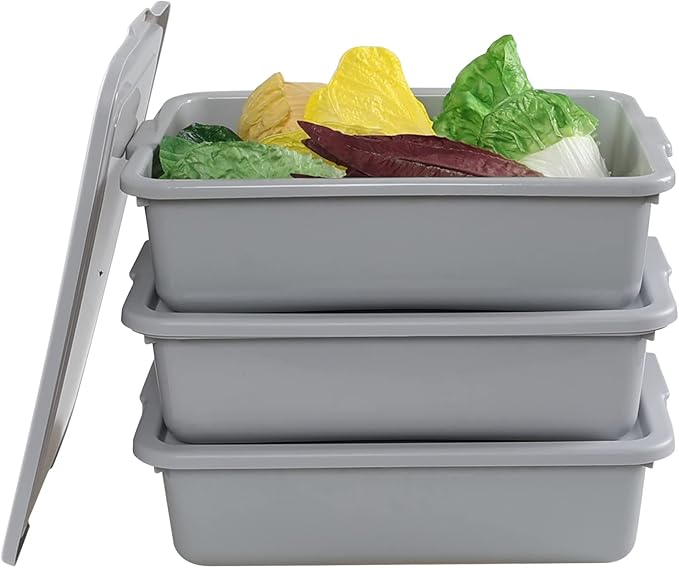 Wekioger 3 Pack Bus Tubs Commercial 13 L Meat Tubs with Lids Silver Grey