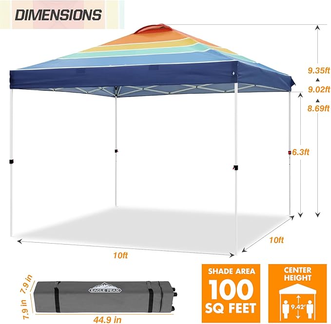 EAGLE PEAK Pop Up Canopy Tent with Wheeled Carry Bag 8 Stakes 4 Ropes 4 Weight Bags Easy Set Up Tent Canopy 10x10 ft 100sqft of Shade Retro Stripe Multi