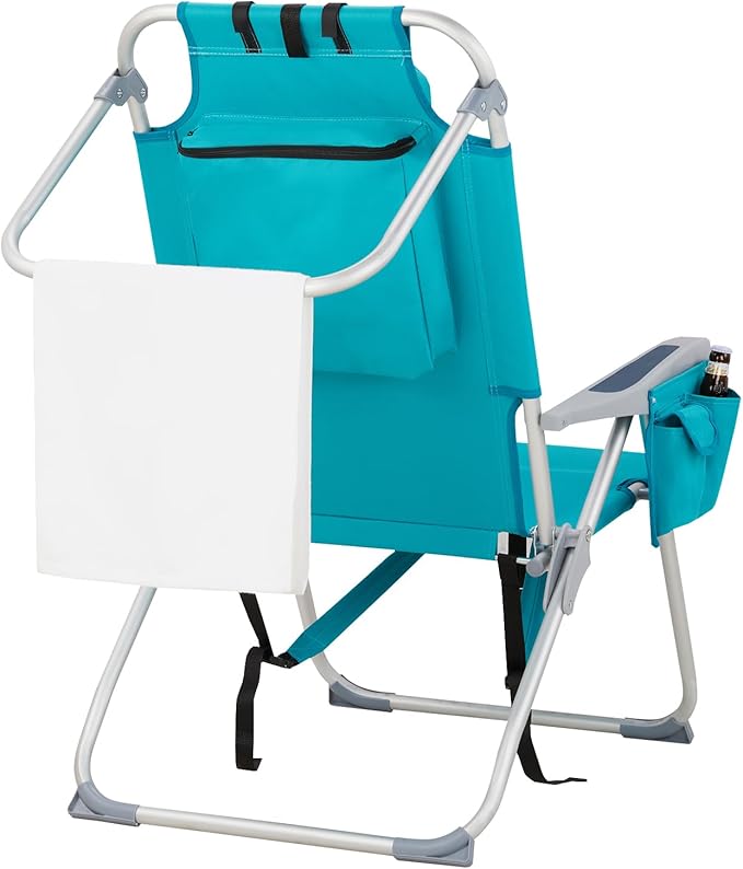 Folding Tall Backpack Beach Chair with 5 Positions Towel bar Storage Pouch Cup HolderFolding Beach Camping Chair (Mint Green)