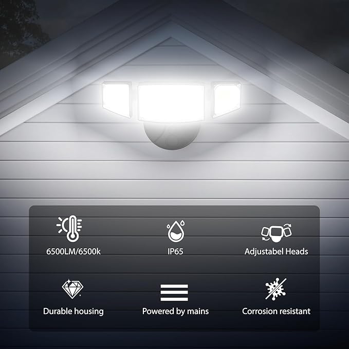 iMaihom 65W 6500LM LED Outdoor Flood Light Switch Controlled Outdoor Security Light 3 Adjustable Heads IP65 Waterproof 6500K Daylight White Hardwired Wall Mount Light for Garage Yard Patio Black