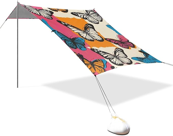 Beach Tent Sun Shelter Butterflies Colorful Squares Lightweight &amp Easy Setup Beach Shade Canopy for Camping Fishing