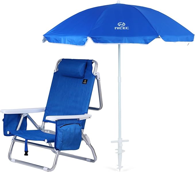 Nice C Blue Backpack Beach Chair with Cooler and Umbrella 5 Position Reclining Beach Chair for Adults with Cup Holder Canopy Shade Cooler Bag for Outdoor Camping Travel Picnic (1 Pack)