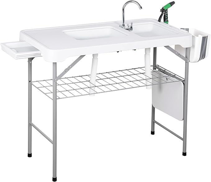 Allpop Fish Cleaning Table with 2 Sinks &amp Grid Rack 42.5'' Portable Folding Camping Fish Station with Foldable Faucet Drainage Hose Sprayer Storage Box Drawer &amp Grooves for Picnic White