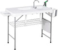 Allpop Fish Cleaning Table with 2 Sinks &amp Grid Rack 42.5'' Portable Folding Camping Fish Station with Foldable Faucet Drainage Hose Sprayer Storage Box Drawer &amp Grooves for Picnic White