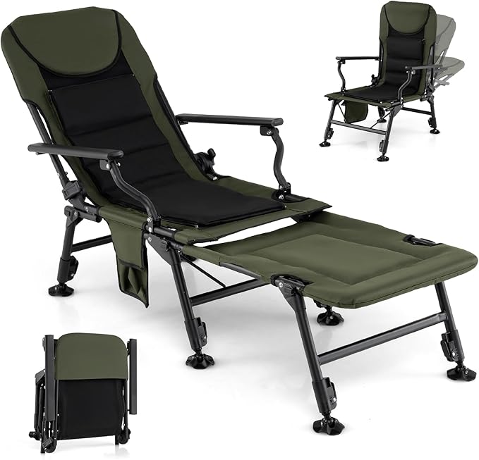 Goplus Oversized Foldable Fishing Chair for Adults Heavy Duty All-Terrain Camping Chair with Detachable Footrest Padded High-Back Armrest Adjustable Feet Portable Recliner for Outdoor Patio Beach