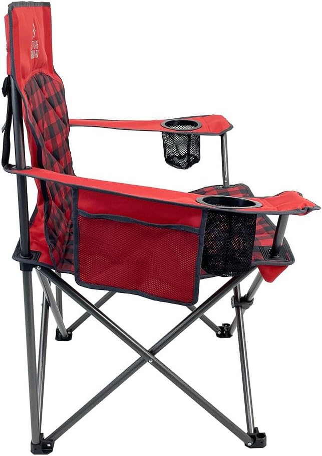 Quilted Quad Camping Chair with Carry Bag – Padded Folding Outdoor Chair with Armrests &amp Built-in Cup Holder for Camping Tailgating RV &amp Outdoor Events