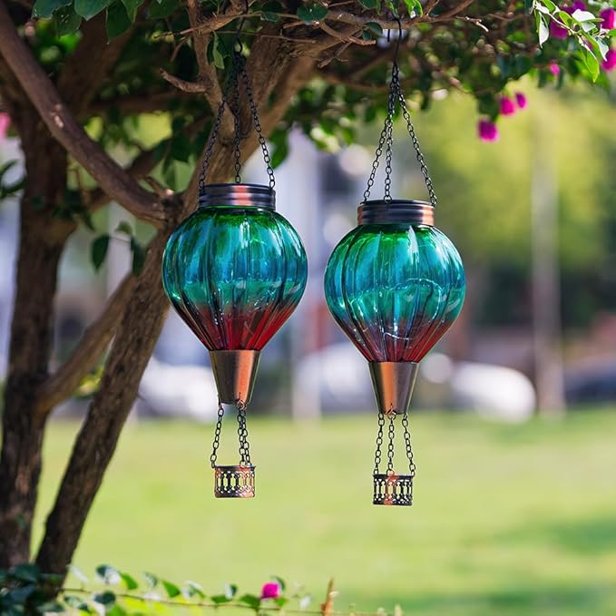 2 Pack Solar Balloon Lanterns Hanging Lights Hot Air Balloon Solar Lantern Outdoor Waterproof Decor for Garden Patio Yard Art Glass Lanterns Mother's Day Gifts(Gradient Green)