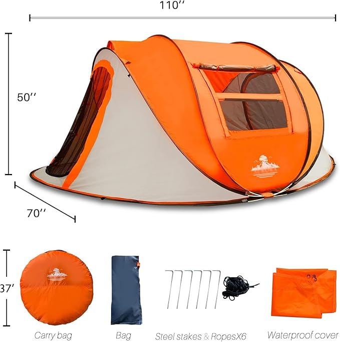 J.M.Deco 4 Person PopTent up with 2 Windows Pop Up Tents for Camping Backyard Sunny Beach Instant Tent for Family Hiking Tents for Backpacking 4 Person Easy Setup Tent Orange
