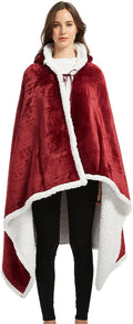 Portable Hooded Fleece Camping Blanket(1.6x1.7m) Outdoor Flannel Blanket for Camping Picnics &amp Home (Wine red)