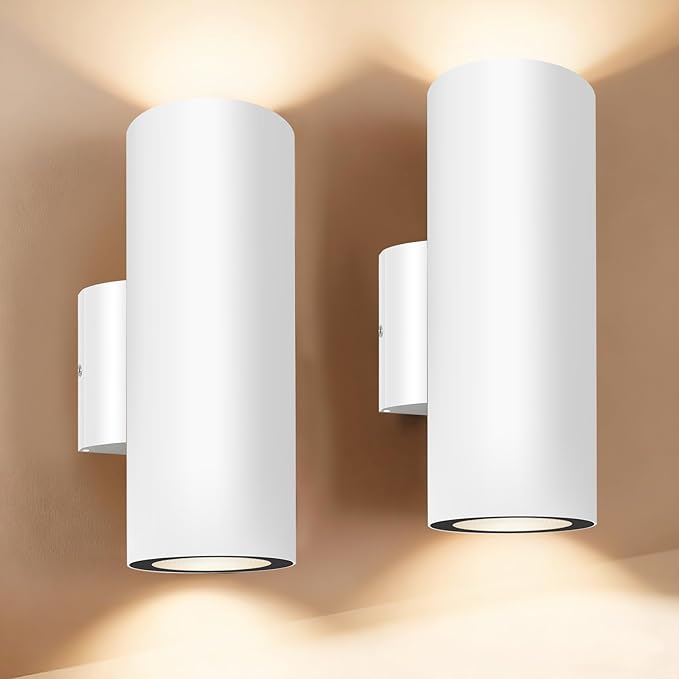 Porch Light in 2 Lights Cylinder Wall Lights 10.24 2 Pack Up Down Lights 2700K Warm White Waterproof Wall Sconce Aluminum Exterior Light Fixture Wall Mount White