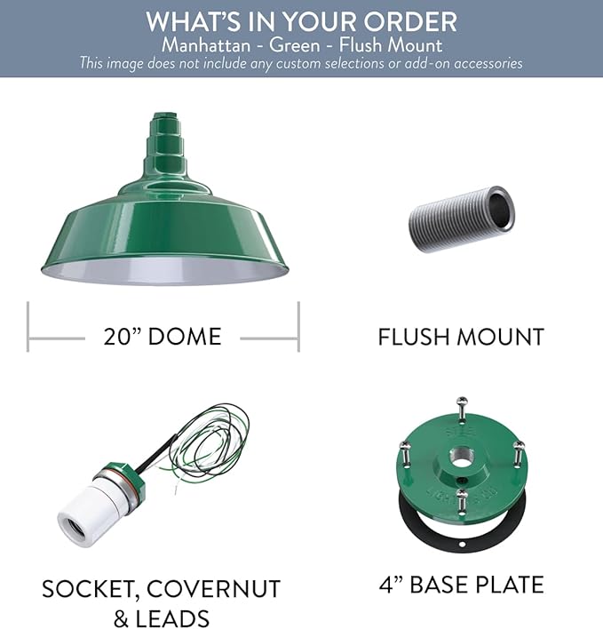 Steel Lighting Co. Manhattan Warehouse Light | Ceiling Mounted Pendant | 20 inch Dome | Flush Mount | Large Steel Barn Light Made in America | Green Exterior/White Interior