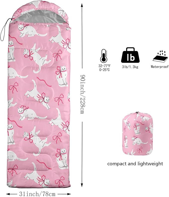 Pink Bow Sleeping BagGirly Princess Bowknot Camping Bag for Girls KidsPink and White Striped Lightweight Warm Portable Outdoor Indoor-Waterproof Cold Weather Resistant for Camping Hiking
