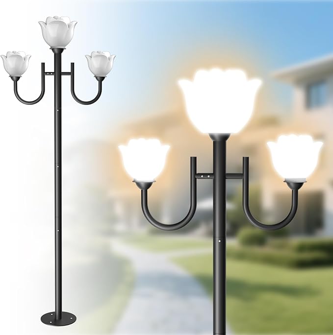 Lightdot 3-Lights Outdoor Lamp Post Light IP65 Waterproof Street Light Pole Lights Fixture with Flower Shade Outside Post Lights for Yard/Garden/Driveway (3000K LED Bulbs Included)