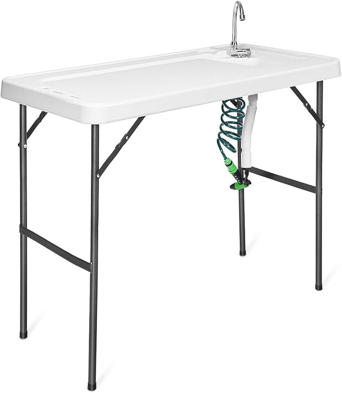 Goplus Portable Fish Cleaning Table with Sink Folding Outdoor Camping Sink Station with Hose Hook Up Heavy Duty Fillet Table with Faucet for Dock Beach Patio Picnic