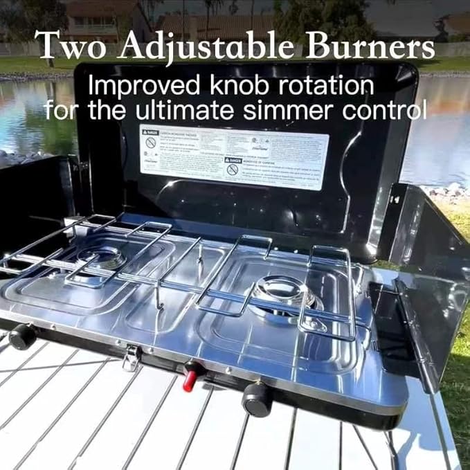 Camping Stove 2 Burners Portable Propane camp Stove with Regulator Integrated Igniter &amp Stainless Steel Drip Tray &amp Built-in Handle &amp Foldable Legs for Outdoor Cooking and Travel-20000 B