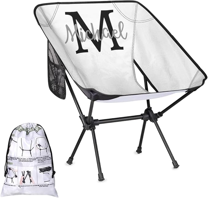 Custom White Portable Camping Chair Personalized Backpacking Chair with Name Lightweight Foldable Chairs for Hiking Beach