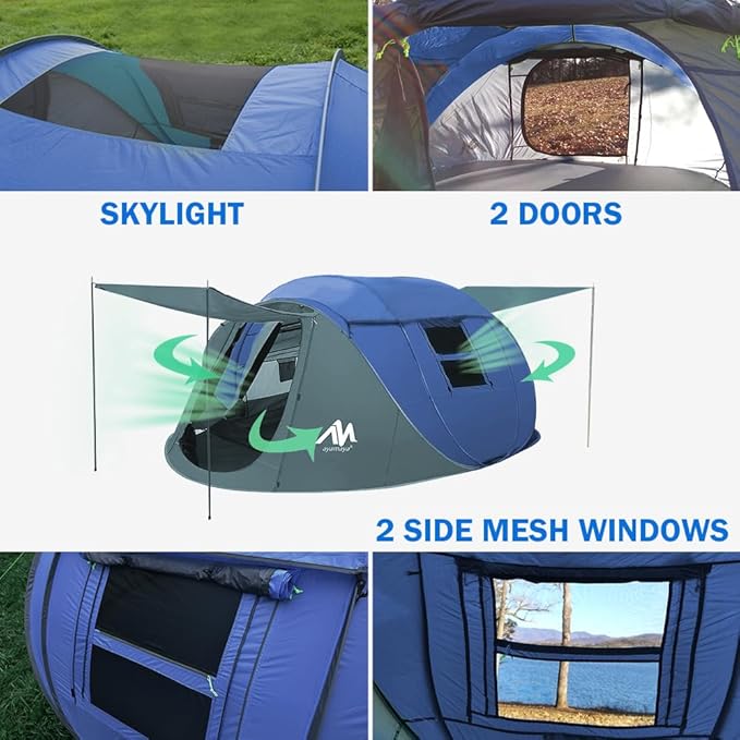 4 Person Pop Up Tents for Camping - AYAMAYA Waterproof Instant Family Tents with Skylight &amp Removable Rainfly Upgraded Large Size with 2 Doors -Automatic Easy Setup Beach Tent with Poles