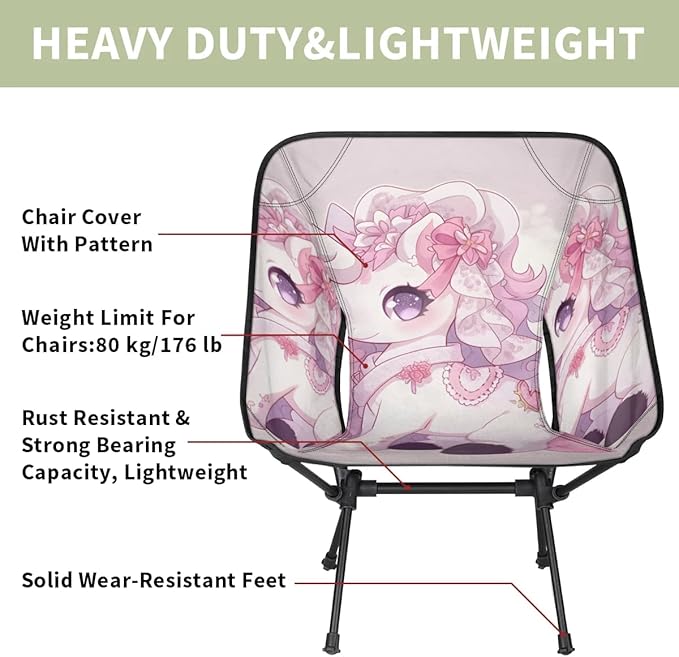 Portable Camping Chair Cartoon Unicorn Ultralight Folding Camping Chair Pink Flowers Backpacking Hiking Chair with Cup Holder for Outdoor Travel Beach Picnic Festival 176 lbs Capacity