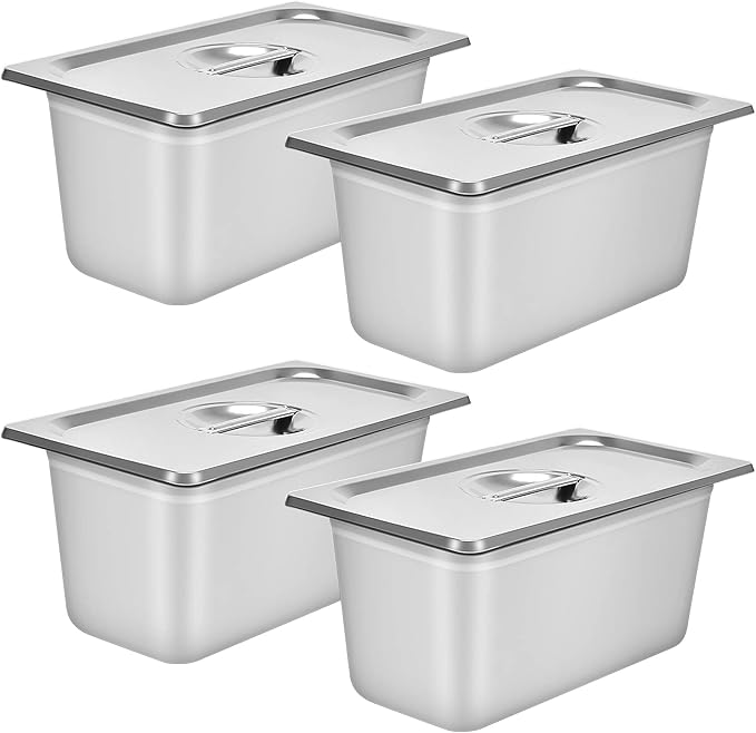 4 Packs Stainless steam Hotel pan1/3 Size x 6 Deep22 Gauge/0.7mm Thick Stainless Steel Hotel Pan Anti Jam Steam Table Pan with Lid (1/3 Size x 6 Deep)