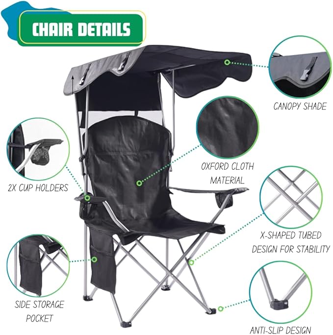 EZONE Folding Canopy Camp Chair for Outdoors Shade Canopy Portable Chair Camping Tailgates Beach Pool Lawn Chair Sunshade Travel Chair Folding Camping Chair (Black)