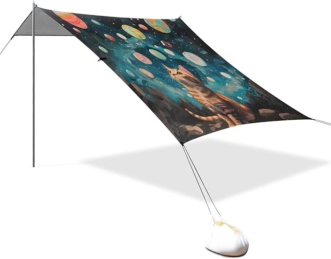 ALAZA Cat Kitten Starry Sky Beach Tent Sun Shelter UPF50+ Protection Beach Shade Canopy w/ 4 Sandbags for Outdoor Camping Fishing Backyard Fun Picnic 10x9 ft