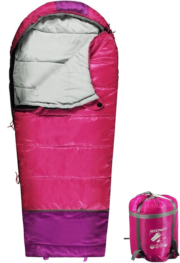 REDCAMP Kids Mummy Sleeping Bag for Camping 3 Season Cold Weather Sleeping Bag Fit BoysGirls &amp Teens Blue/Rose Red