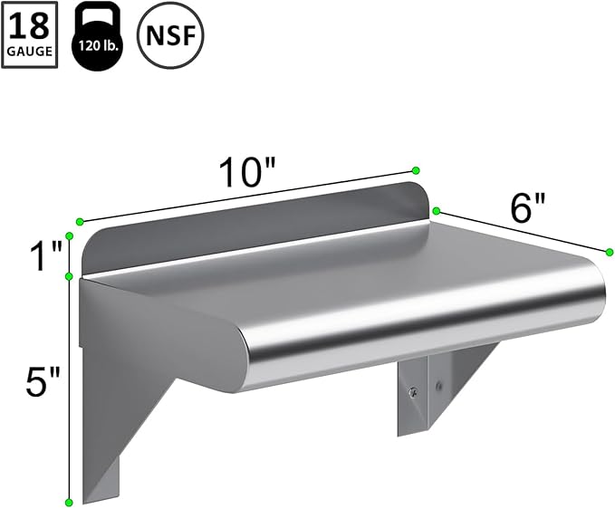 NSF Certified 18 Gauge Heavy Duty Stainless Steel Wall Shelf with Brackets for Kitchens Utility Rooms Storage Offices &amp Home (10x6)