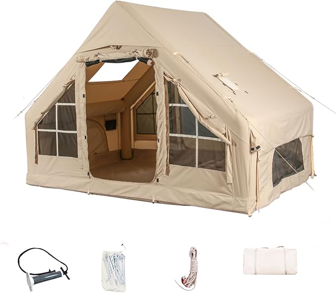 Inflatable Camping Tents with Hand Pump Air Glamping Tents Easy Setup Waterproof and Windproof Blow up Tent 4 Seasons Oxford Cabin Tent with Mesh &amp Chimney Window.