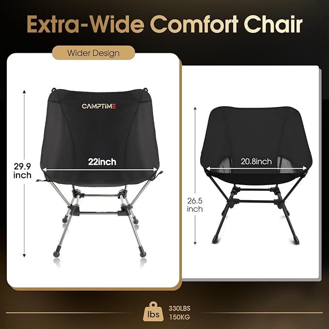Portable Camping Chair Plus Larger &amp Roomier Compact and Lightweight Folding Chair for Backpacking &amp Hiking 330Lbs Capacity Black
