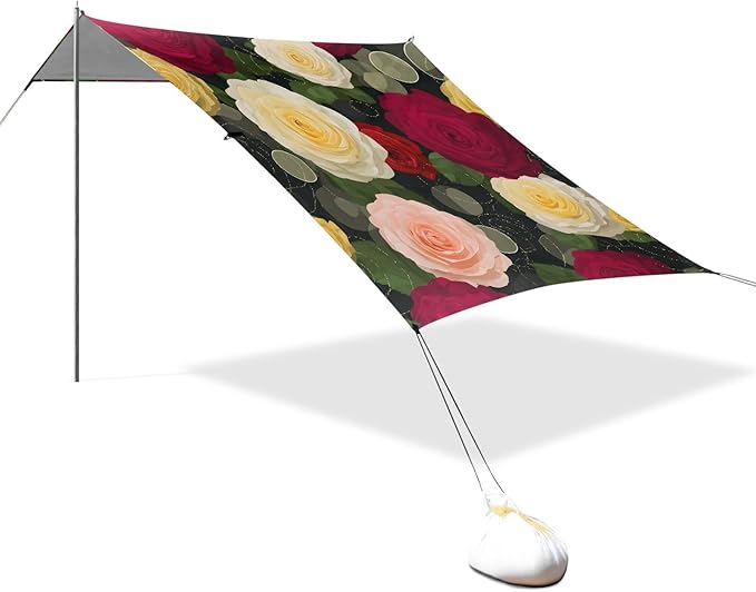 ALAZA Rose Flowers Floral Beach Tent Sun Shelter UPF50+ Protection Beach Shade Canopy w/ 4 Sandbags for Outdoor Camping Fishing Backyard Fun Picnic 10x9 ft