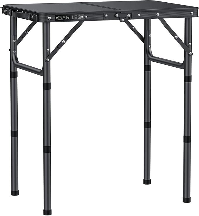 GARLLEN 2ft Folding Camping Table 3 Adjustable Height Lightweight Folded Picnic Table Portable Aluminum Grill Table for Camping BBQ Outdoor 22.8 L x 15.7 W Black