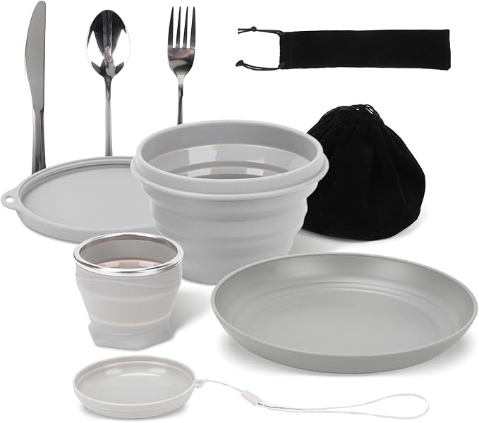 7pcs/Set Camping Mess Kit - Foldable Camping Utensils Portable Travel Silverware Set with Silicone Cup Silicone Bowl Plastic Plate Stainless Steel Tableware Camping Mess Kit for 1 Person