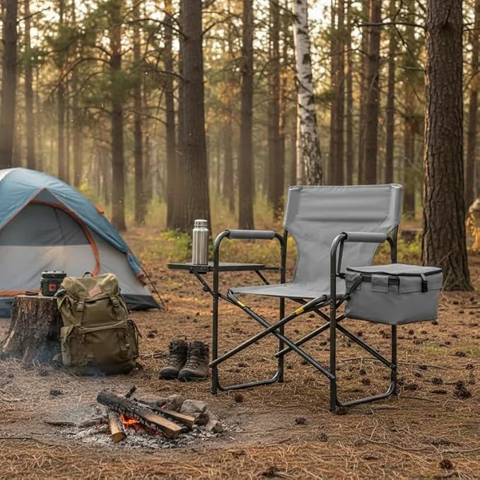 MAXDAR Portable Heavy-Duty Camping Chair with Cooler Bag Side Table &amp Cup Holder – 300 LBS Capacity Foldable Director’s Chair for Outdoor Fishing Picnic &amp Tailgating