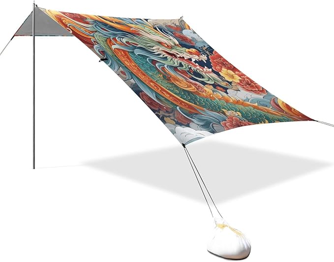 Chinese Dragon Beach Tent Sun Shelter 9.2' x 10.5' Beach Canopy with 4 Sandbags 4 Stability Poles Sand Shovels - Tent Canopy for Beach Camping Fishing Picnics