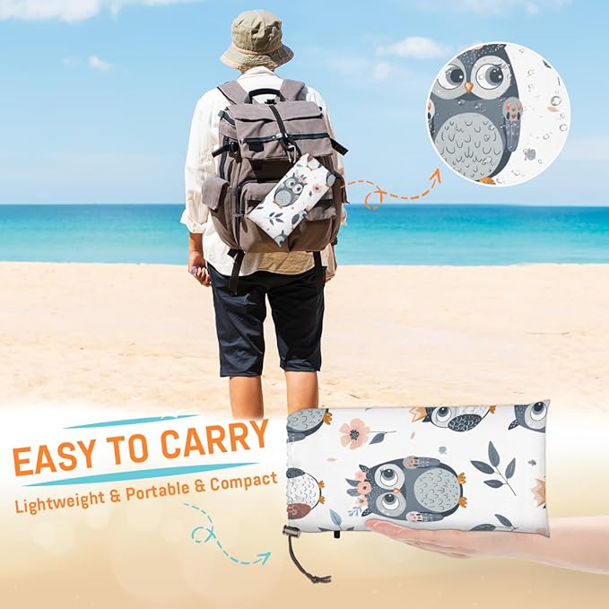 Waterproof Sandproof Beach Blanket 59''×68'' Owls Polyester Outdoor Picnic Blanket with 4 Stakes &amp Storage Bag for BeachCampingVacation Dark Grey