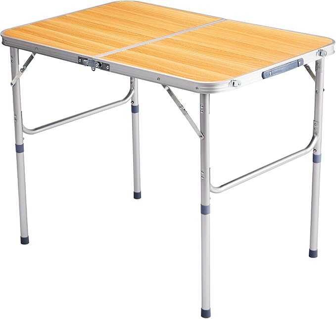 BIVVI 3FT Small Folding Camping Table Portable Lightweight Fold Up Utility Side Tables with Carrying Handle Outdoor Aluminum Fold in Half Dining Card Table for Picnic Party Events (Wood Grain Color)