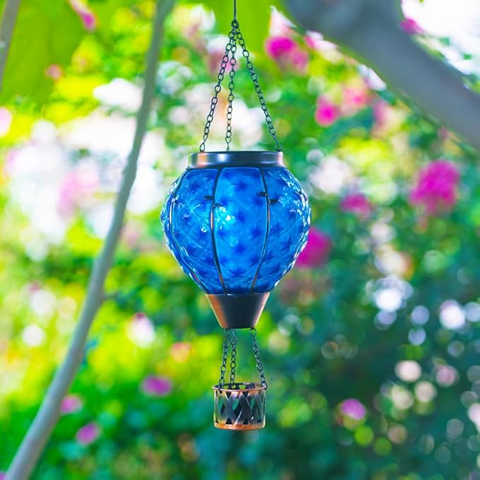 Solar Hot Air Balloon Lantern with FlameGlass Solar Hanging Lights Outdoor WaterproofHot Air Balloon Solar Blue Star Lamp Decorative for Lawn Porch Tree Yard