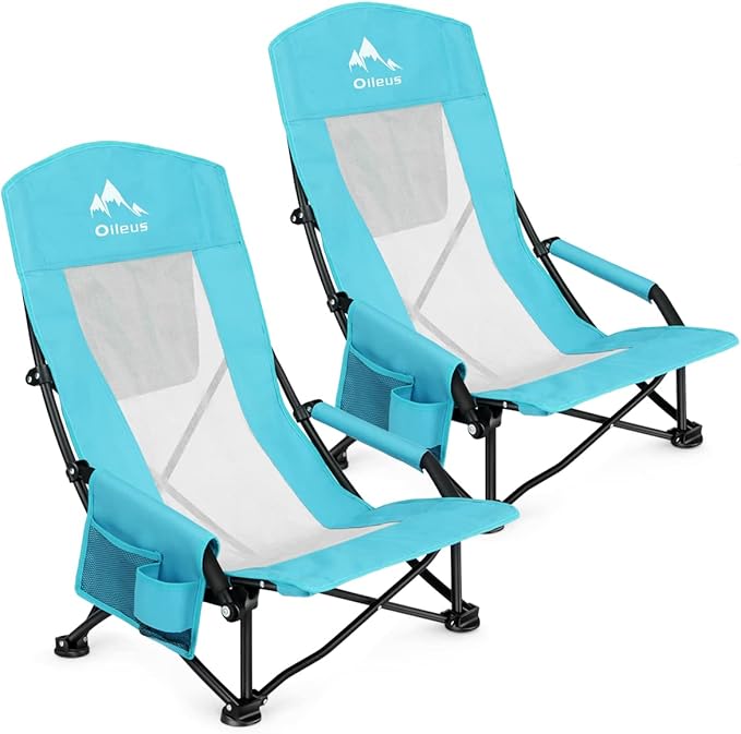 Oileus Folding Portable Beach Chair High-Back Low-Seat Lightweight Chair for Beach Tents Shelters and Camping Full Mesh Backrest | Cup Holder | Storage Bag | Carrying Bag | 2 Armrests