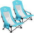 Oileus Folding Portable Beach Chair High-Back Low-Seat Lightweight Chair for Beach Tents Shelters and Camping Full Mesh Backrest | Cup Holder | Storage Bag | Carrying Bag | 2 Armrests