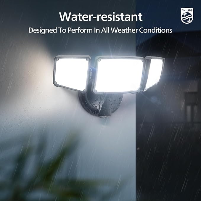 Philips 72W 7400LM LED Flood Lights Outdoor Switch Controlled Aluminum Security Lights 3 Adjustable Heads Wall Mount 5000K Daylight Waterproof for Yard Garage (2 Packs)
