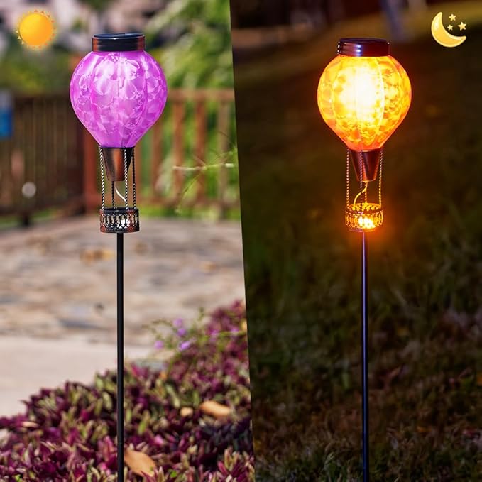 Solar Garden Lights Outdoor with Hot Air Balloon Stake Garden Lights Solar Waterproof Flickering Lantern Lawn Pathway Patio Decor(Purple)