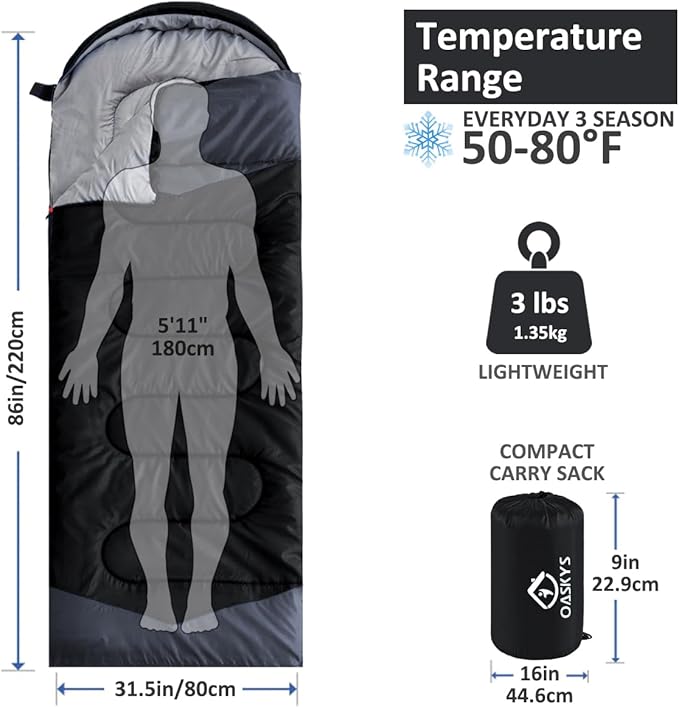 oaskys Camping Sleeping Bag - 3 Season Warm &amp Cool Weather - Summer Spring Fall Lightweight Waterproof for Adults Kids - Camping Gear Equipment Traveling and Outdoors