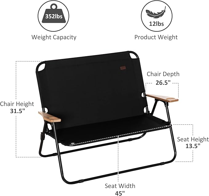 Double Folding Camping Chair Loveseat for 2 Adults Portable Camping Couch with Wood Armrest Cupholders for Backpacking Beach Sports Travel Black