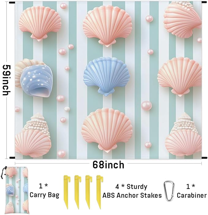 Waterproof Sandproof Beach Blanket 59''×68'' Ocean Scallop Decoration Polyester Outdoor Picnic Blanket with 4 Stakes &amp Storage Bag for BeachCampingVacation